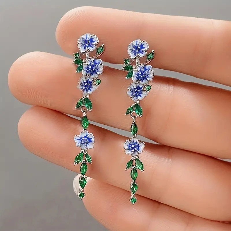 Blue &amp; Green Dangling Floral Earrings