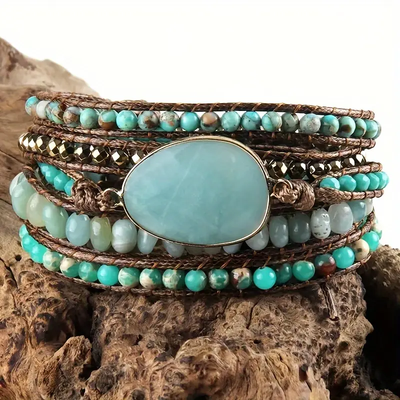 Blue Moonstone Leather Bracelet Set