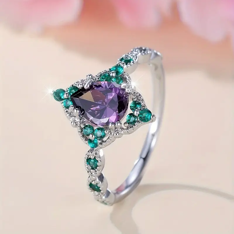Green &amp; Violet Round Zirconia Silver Ring