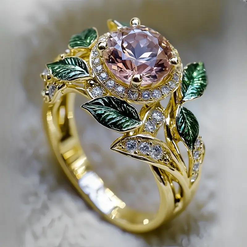 Green &amp; Pink Leaf Zirconia Gold Ring