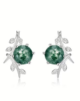 Moss Agate Silver Leaf Stud Earrings