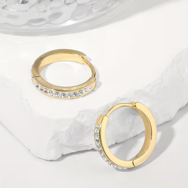 Golden Inlaid Zirconia Hoop Earrings