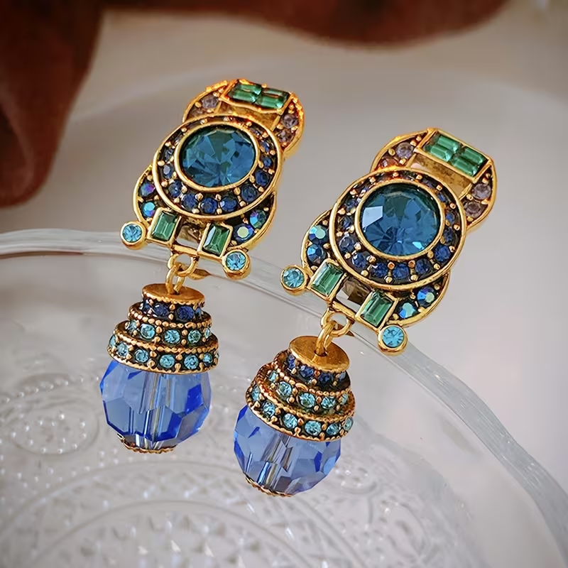 Dangle Retro Blue Crystal Earrings