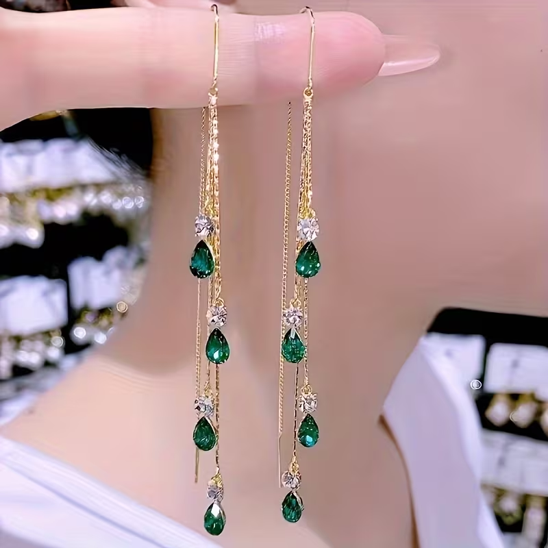 Elegant Droplet Rhinestone Tassel Earrings