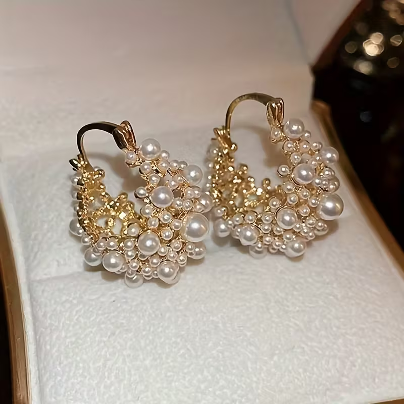Pearl Basket Gold Earrings