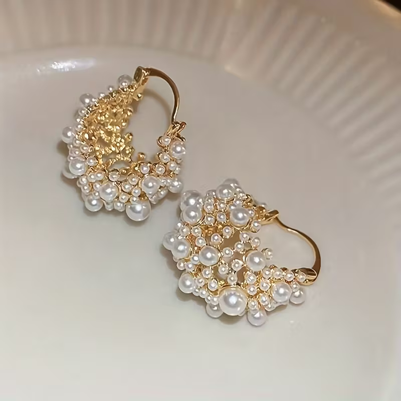 Pearl Basket Gold Earrings