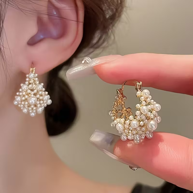 Pearl Basket Gold Earrings