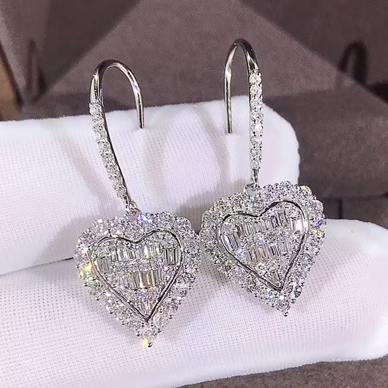 Dangling Crystal Heart Silver Earrings
