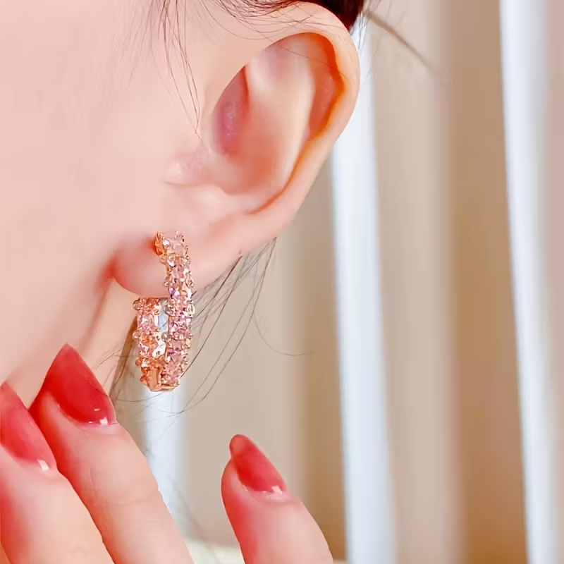 Elegant Inlaid Pink Crystal Hoop Earrings
