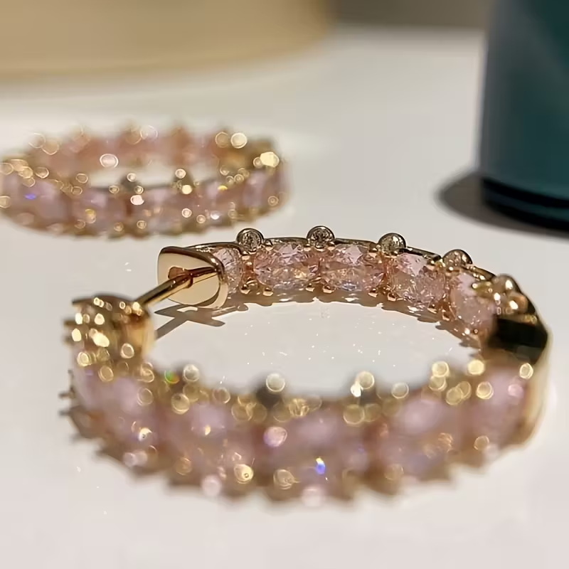 Elegant Inlaid Pink Crystal Hoop Earrings